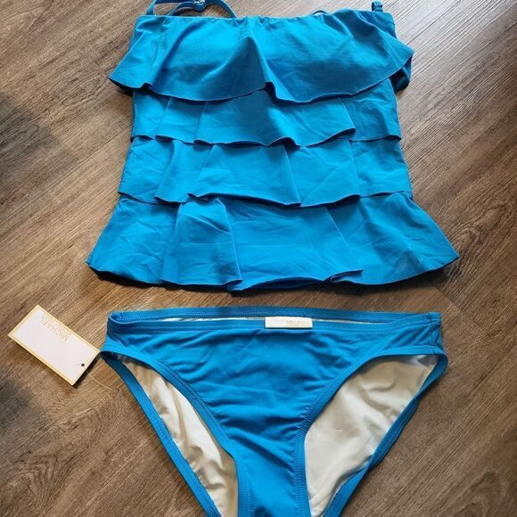 Michael Kors Blue Ruffle Tankini Top And Bikini Bottom Set Size Small - Picture 3 of 7